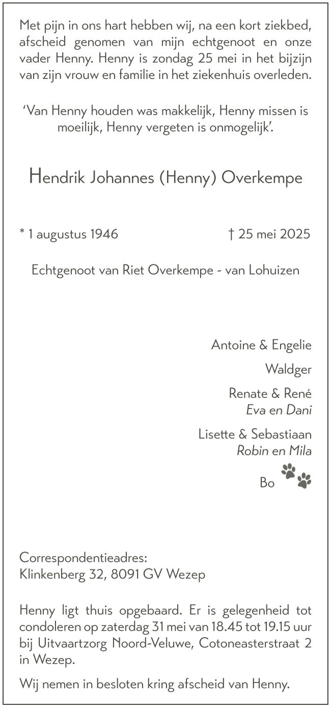 Hendrik Johannes (Henny) Overkempe - 25 mei 2025