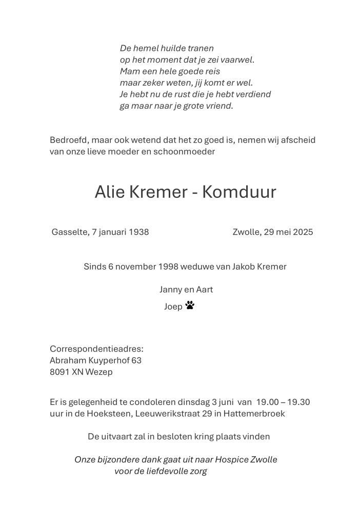 Alie Kremer - Komduur - 29 mei 2025