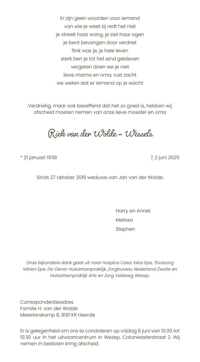 Riek van der Wolde - Wessels - 2 juni 2025