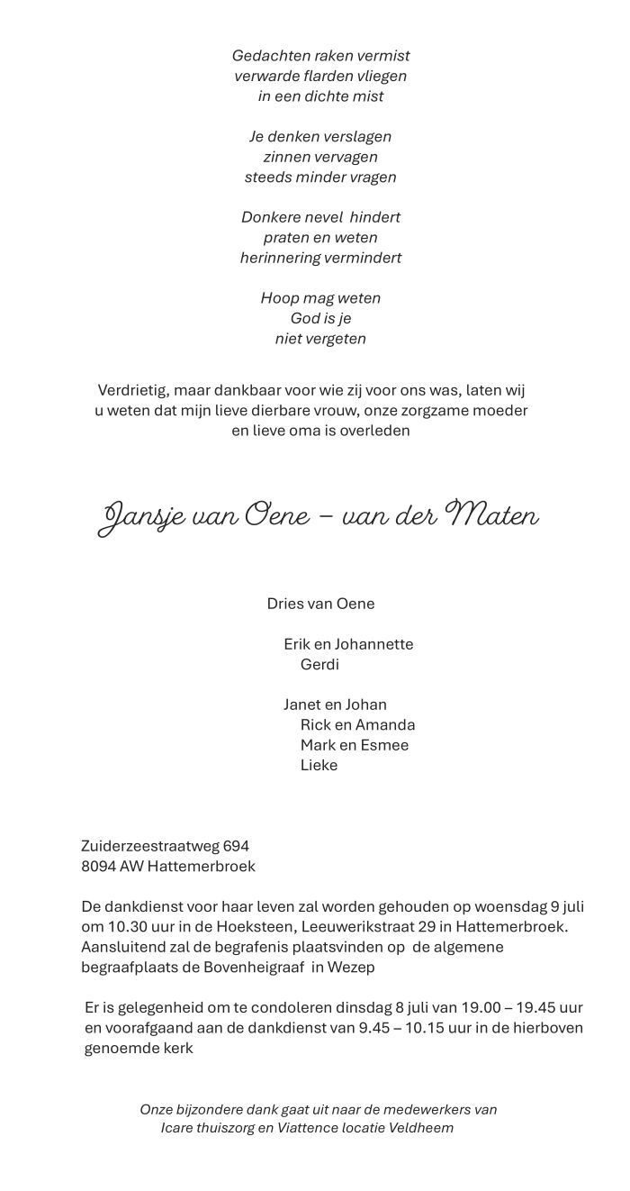Jansje van Oene - van der Maten - 3 juli 2025