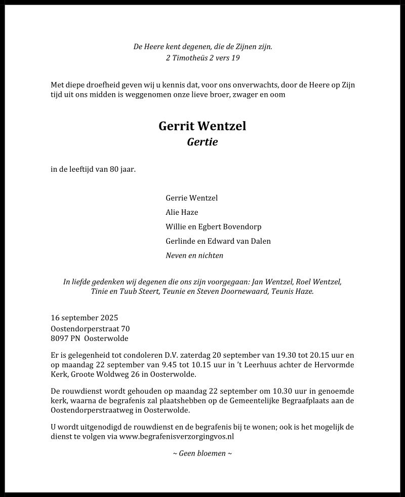 Gerrit (Gertie) Wentzel - 16 september 2025