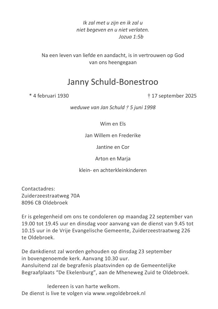 Janny Schuld - Bonestroo - 17 september 2025