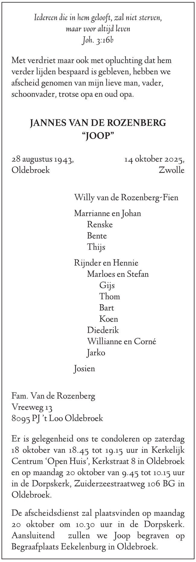 Jannes (Joop) van de Rozenberg - 14 oktober 2025